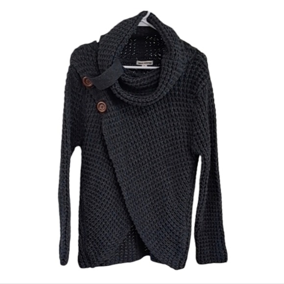 Zenana Outfitters Stormy Gray Cowl Neck Tulip Hem Wrap Knit Sweater Sz Medium - Picture 2 of 12